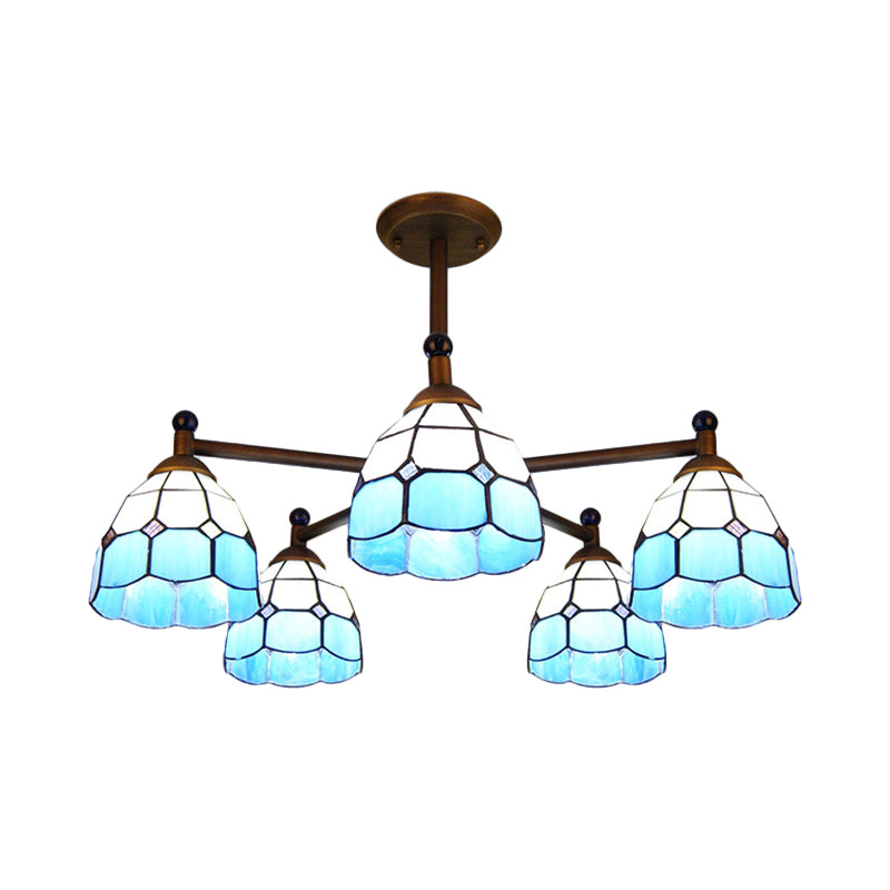 Bowl-Shaped Semi Flush Light Rustic Stained Glass 5 Lights Blue/Red/Yellow Semi Flush Ceiling Fixture for Living Room Clearhalo 'Ceiling Lights' 'Chandeliers' 'Industrial' 'Middle Century Chandeliers' 'Tiffany Chandeliers' 'Tiffany close to ceiling' 'Tiffany' Lighting' 180371