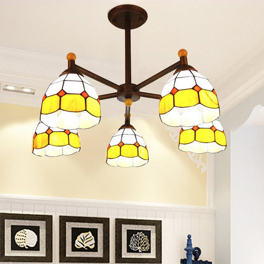 Bowl-Shaped Semi Flush Light Rustic Stained Glass 5 Lights Blue/Red/Yellow Semi Flush Ceiling Fixture for Living Room Yellow Clearhalo 'Ceiling Lights' 'Chandeliers' 'Industrial' 'Middle Century Chandeliers' 'Tiffany Chandeliers' 'Tiffany close to ceiling' 'Tiffany' Lighting' 180372