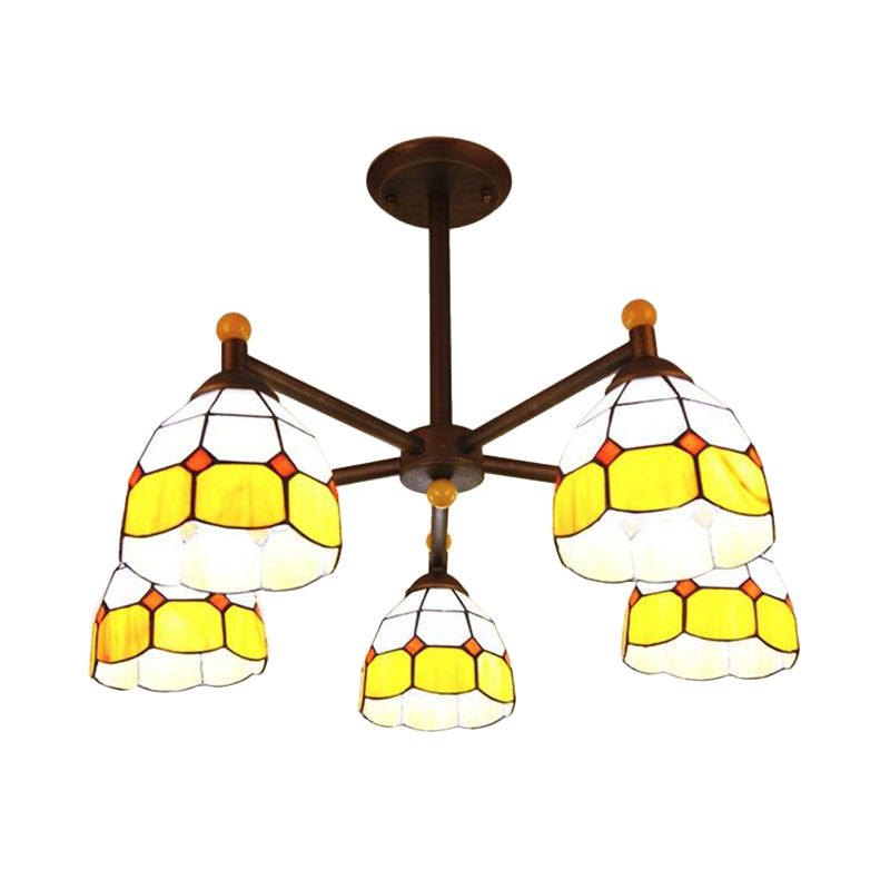 Bowl-Shaped Semi Flush Light Rustic Stained Glass 5 Lights Blue/Red/Yellow Semi Flush Ceiling Fixture for Living Room Clearhalo 'Ceiling Lights' 'Chandeliers' 'Industrial' 'Middle Century Chandeliers' 'Tiffany Chandeliers' 'Tiffany close to ceiling' 'Tiffany' Lighting' 180373