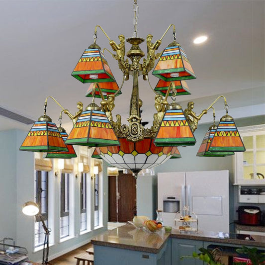 15 Lights Pyramid Chandelier Lighting Tiffany-Style Orange/Blue Stained Glass Ceiling Lamp Orange Clearhalo 'Ceiling Lights' 'Chandeliers' 'Industrial' 'Middle Century Chandeliers' 'Tiffany Chandeliers' 'Tiffany close to ceiling' 'Tiffany' Lighting' 180374