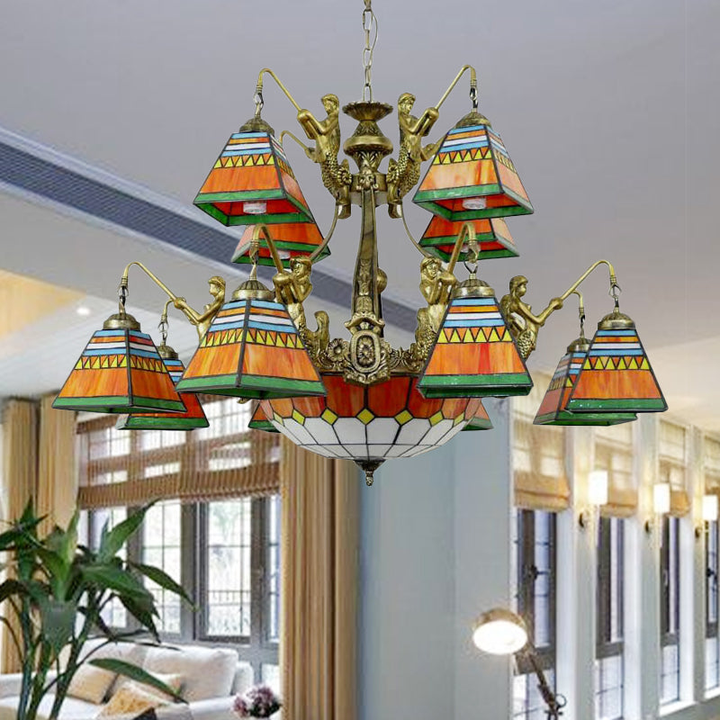 15 Lights Pyramid Chandelier Lighting Tiffany-Style Orange/Blue Stained Glass Ceiling Lamp Clearhalo 'Ceiling Lights' 'Chandeliers' 'Industrial' 'Middle Century Chandeliers' 'Tiffany Chandeliers' 'Tiffany close to ceiling' 'Tiffany' Lighting' 180375