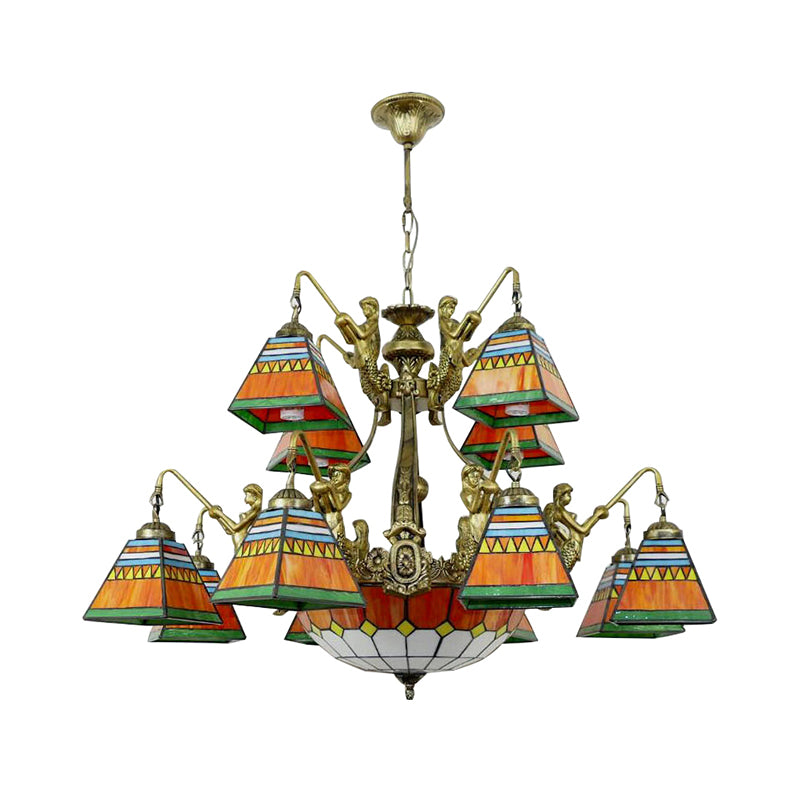15 Lights Pyramid Chandelier Lighting Tiffany-Style Orange/Blue Stained Glass Ceiling Lamp Clearhalo 'Ceiling Lights' 'Chandeliers' 'Industrial' 'Middle Century Chandeliers' 'Tiffany Chandeliers' 'Tiffany close to ceiling' 'Tiffany' Lighting' 180376