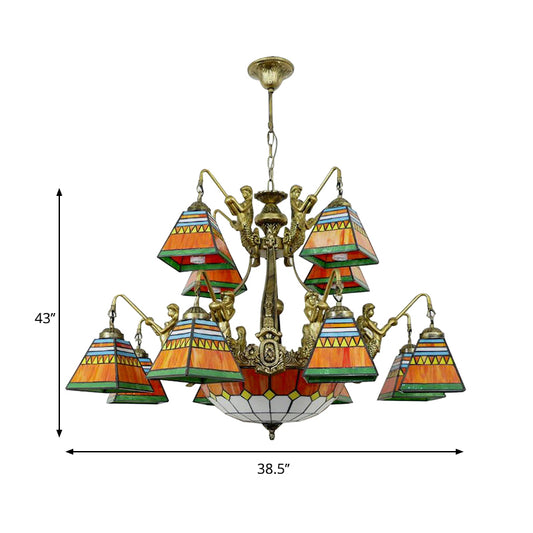 15 Lights Pyramid Chandelier Lighting Tiffany-Style Orange/Blue Stained Glass Ceiling Lamp Clearhalo 'Ceiling Lights' 'Chandeliers' 'Industrial' 'Middle Century Chandeliers' 'Tiffany Chandeliers' 'Tiffany close to ceiling' 'Tiffany' Lighting' 180377