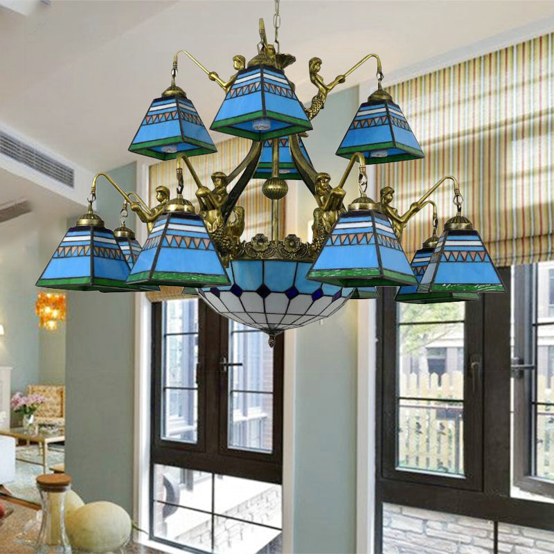 15 Lights Pyramid Chandelier Lighting Tiffany-Style Orange/Blue Stained Glass Ceiling Lamp Blue Clearhalo 'Ceiling Lights' 'Chandeliers' 'Industrial' 'Middle Century Chandeliers' 'Tiffany Chandeliers' 'Tiffany close to ceiling' 'Tiffany' Lighting' 180378