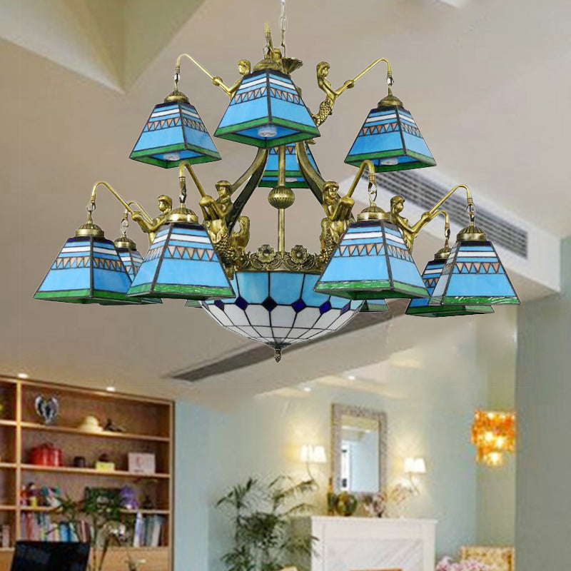15 Lights Pyramid Chandelier Lighting Tiffany-Style Orange/Blue Stained Glass Ceiling Lamp Clearhalo 'Ceiling Lights' 'Chandeliers' 'Industrial' 'Middle Century Chandeliers' 'Tiffany Chandeliers' 'Tiffany close to ceiling' 'Tiffany' Lighting' 180379