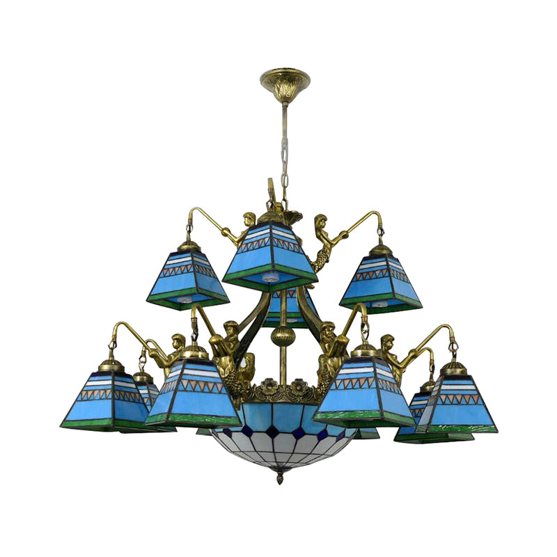15 Lights Pyramid Chandelier Lighting Tiffany-Style Orange/Blue Stained Glass Ceiling Lamp Clearhalo 'Ceiling Lights' 'Chandeliers' 'Industrial' 'Middle Century Chandeliers' 'Tiffany Chandeliers' 'Tiffany close to ceiling' 'Tiffany' Lighting' 180380