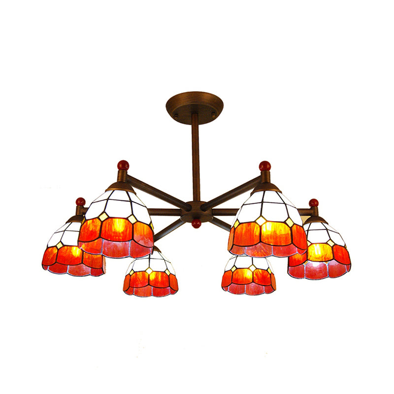 Domed Hanging Light Rustic Style Stained Glass 6 Lights Chandelier Light in Yellow/Red/Blue for Dining Room Clearhalo 'Ceiling Lights' 'Chandeliers' 'Glass shade' 'Glass' 'Industrial' 'Island Lights' 'Middle Century Chandeliers' 'Tiffany Chandeliers' 'Tiffany close to ceiling' 'Tiffany' Lighting' 180383