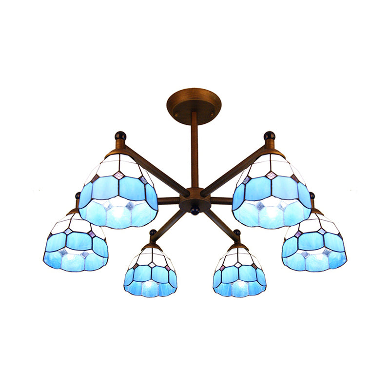 Domed Hanging Light Rustic Style Stained Glass 6 Lights Chandelier Light in Yellow/Red/Blue for Dining Room Clearhalo 'Ceiling Lights' 'Chandeliers' 'Glass shade' 'Glass' 'Industrial' 'Island Lights' 'Middle Century Chandeliers' 'Tiffany Chandeliers' 'Tiffany close to ceiling' 'Tiffany' Lighting' 180386