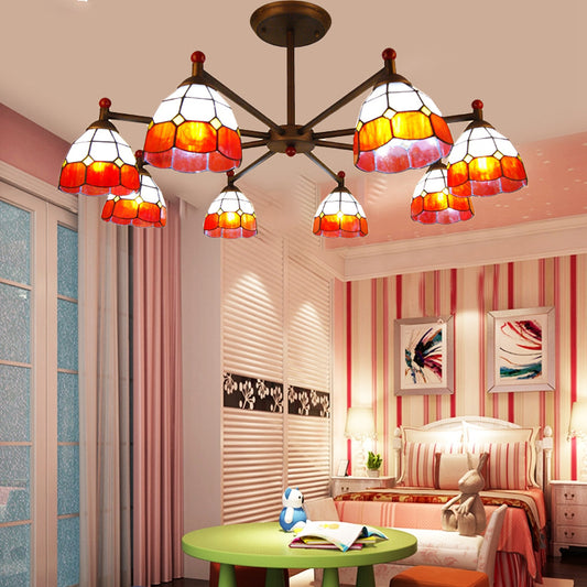 Dome-Shaped Hanging Pendant Rustic Stained Glass 8 Lights Chandelier Light in Red/Blue/Yellow for Bedroom Lighting Red Clearhalo 'Ceiling Lights' 'Chandeliers' 'Industrial' 'Middle Century Chandeliers' 'Tiffany Chandeliers' 'Tiffany close to ceiling' 'Tiffany' Lighting' 180389