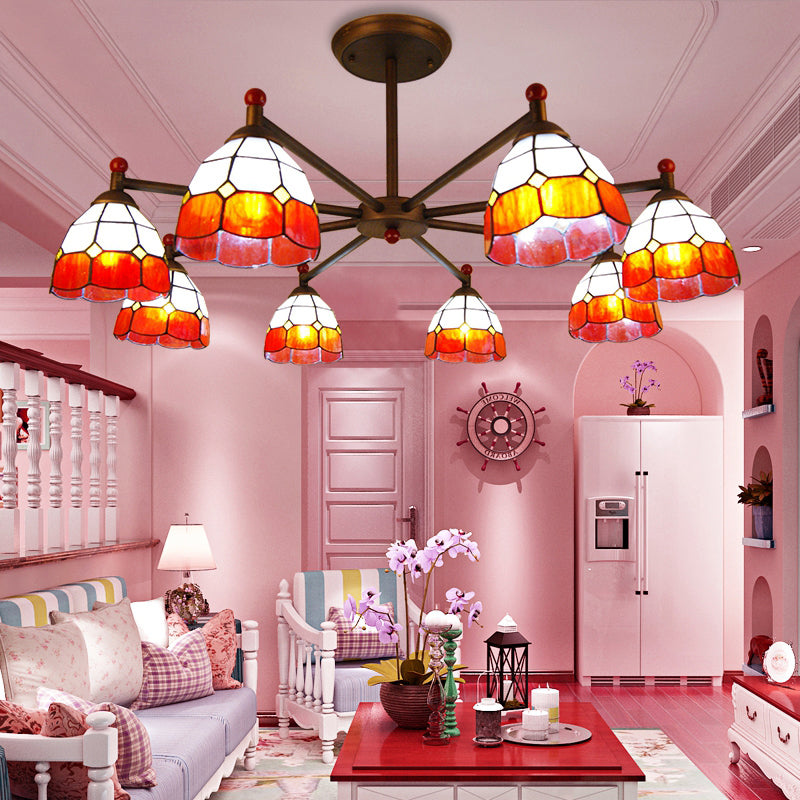 Dome-Shaped Hanging Pendant Rustic Stained Glass 8 Lights Chandelier Light in Red/Blue/Yellow for Bedroom Lighting Clearhalo 'Ceiling Lights' 'Chandeliers' 'Industrial' 'Middle Century Chandeliers' 'Tiffany Chandeliers' 'Tiffany close to ceiling' 'Tiffany' Lighting' 180390