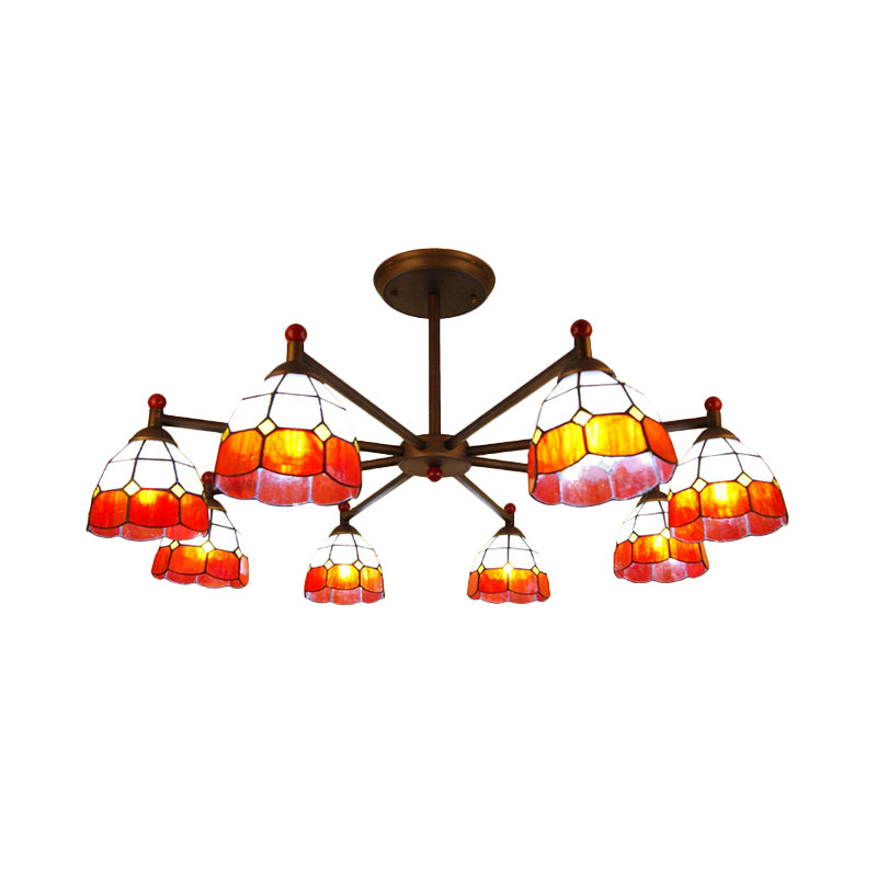 Dome-Shaped Hanging Pendant Rustic Stained Glass 8 Lights Chandelier Light in Red/Blue/Yellow for Bedroom Lighting Clearhalo 'Ceiling Lights' 'Chandeliers' 'Industrial' 'Middle Century Chandeliers' 'Tiffany Chandeliers' 'Tiffany close to ceiling' 'Tiffany' Lighting' 180391