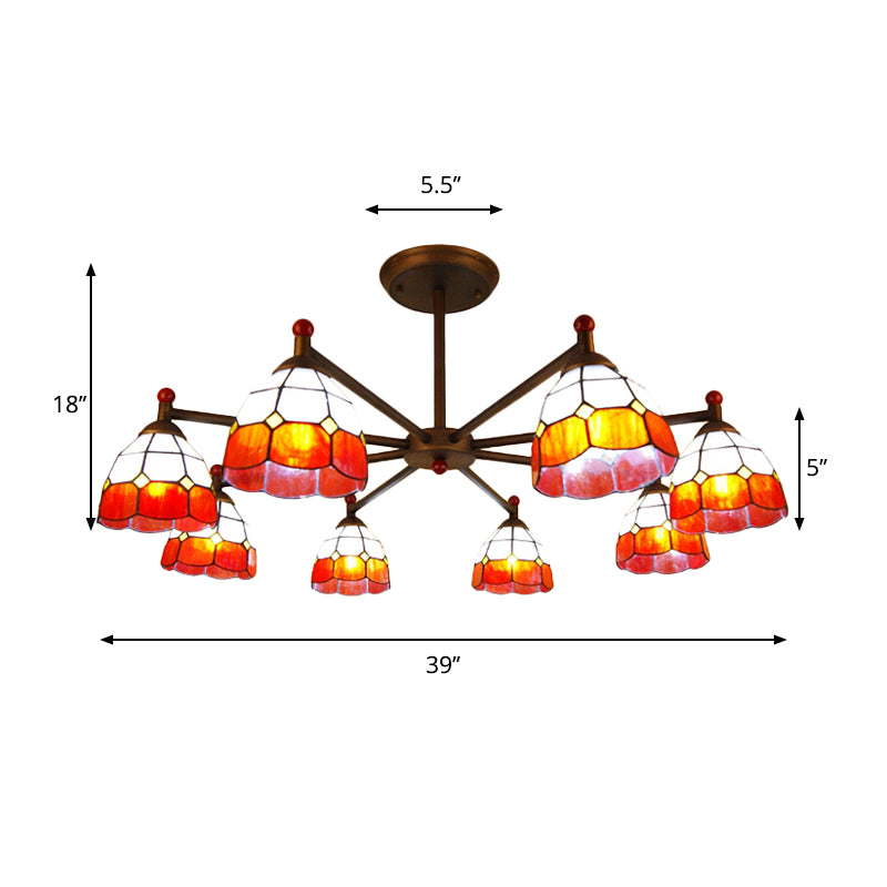 Dome-Shaped Hanging Pendant Rustic Stained Glass 8 Lights Chandelier Light in Red/Blue/Yellow for Bedroom Lighting Clearhalo 'Ceiling Lights' 'Chandeliers' 'Industrial' 'Middle Century Chandeliers' 'Tiffany Chandeliers' 'Tiffany close to ceiling' 'Tiffany' Lighting' 180392