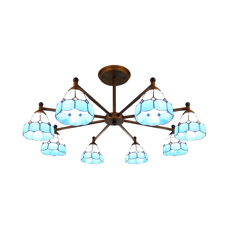 Dome-Shaped Hanging Pendant Rustic Stained Glass 8 Lights Chandelier Light in Red/Blue/Yellow for Bedroom Lighting Clearhalo 'Ceiling Lights' 'Chandeliers' 'Industrial' 'Middle Century Chandeliers' 'Tiffany Chandeliers' 'Tiffany close to ceiling' 'Tiffany' Lighting' 180394
