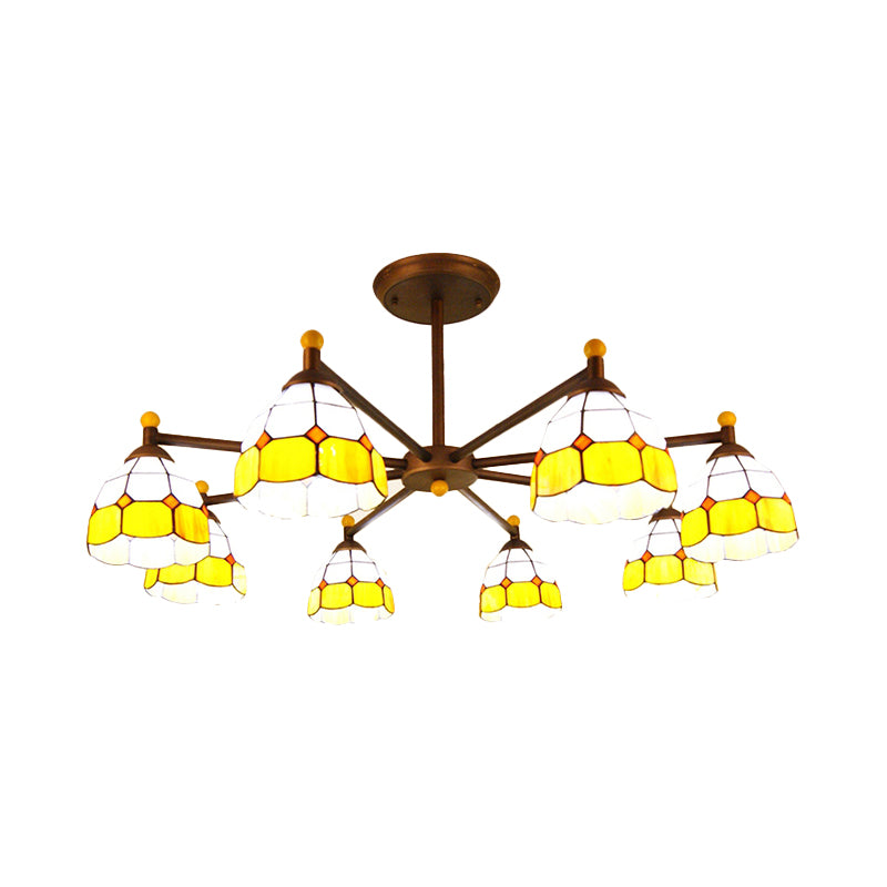 Dome-Shaped Hanging Pendant Rustic Stained Glass 8 Lights Chandelier Light in Red/Blue/Yellow for Bedroom Lighting Clearhalo 'Ceiling Lights' 'Chandeliers' 'Industrial' 'Middle Century Chandeliers' 'Tiffany Chandeliers' 'Tiffany close to ceiling' 'Tiffany' Lighting' 180396
