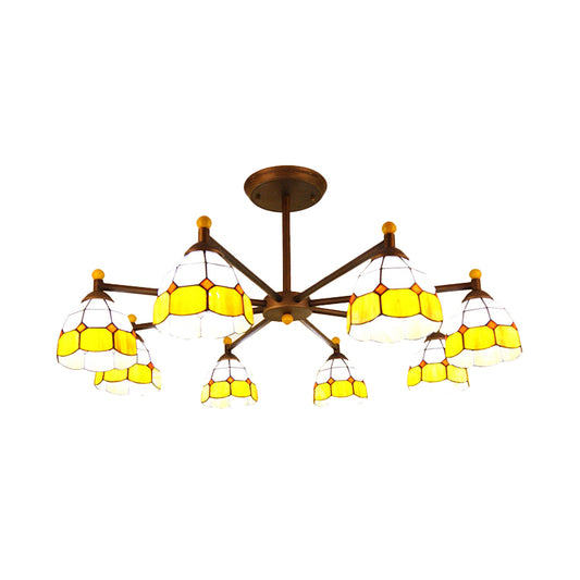 Dome-Shaped Hanging Pendant Rustic Stained Glass 8 Lights Chandelier Light in Red/Blue/Yellow for Bedroom Lighting Clearhalo 'Ceiling Lights' 'Chandeliers' 'Industrial' 'Middle Century Chandeliers' 'Tiffany Chandeliers' 'Tiffany close to ceiling' 'Tiffany' Lighting' 180396