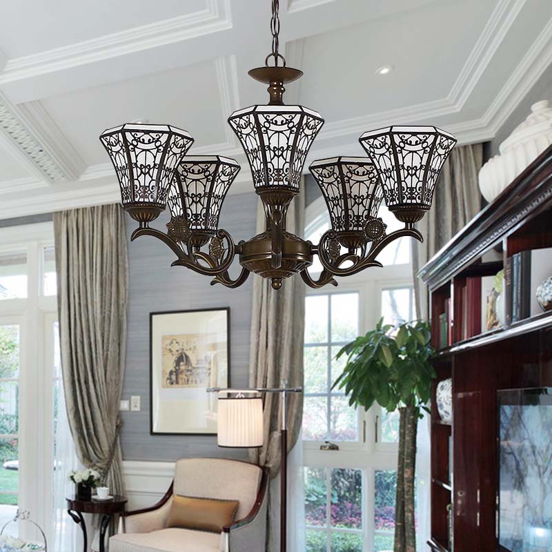 Lodge Style Bell Pendant Lighting White and Black Glass 5 Lights Chandelier Lamp with Chain Black Clearhalo 'Ceiling Lights' 'Chandeliers' 'Industrial' 'Middle Century Chandeliers' 'Pendant Lights' 'Tiffany Chandeliers' 'Tiffany close to ceiling' 'Tiffany' Lighting' 180417