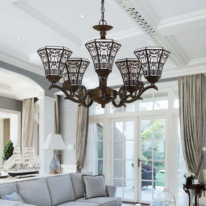 Lodge Style Bell Pendant Lighting White and Black Glass 5 Lights Chandelier Lamp with Chain Clearhalo 'Ceiling Lights' 'Chandeliers' 'Industrial' 'Middle Century Chandeliers' 'Pendant Lights' 'Tiffany Chandeliers' 'Tiffany close to ceiling' 'Tiffany' Lighting' 180418