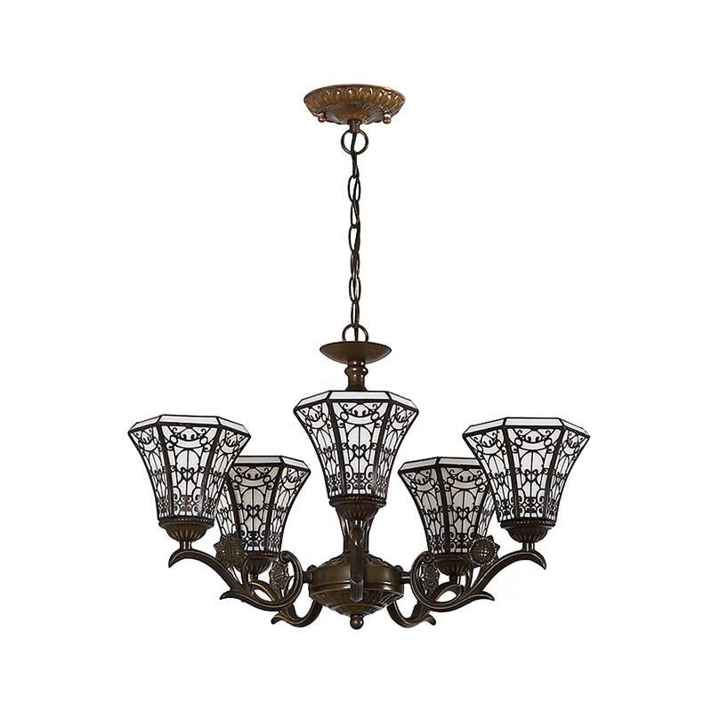Lodge Style Bell Pendant Lighting White and Black Glass 5 Lights Chandelier Lamp with Chain Clearhalo 'Ceiling Lights' 'Chandeliers' 'Industrial' 'Middle Century Chandeliers' 'Pendant Lights' 'Tiffany Chandeliers' 'Tiffany close to ceiling' 'Tiffany' Lighting' 180419