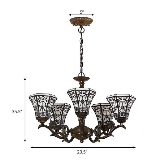 Lodge Style Bell Pendant Lighting White and Black Glass 5 Lights Chandelier Lamp with Chain Clearhalo 'Ceiling Lights' 'Chandeliers' 'Industrial' 'Middle Century Chandeliers' 'Pendant Lights' 'Tiffany Chandeliers' 'Tiffany close to ceiling' 'Tiffany' Lighting' 180420