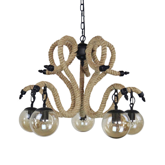 Amber Glass Ball Shade Hanging Chandelier Light Vintage 5 Lights Living Room Pendant Lighting with Rope Detail Clearhalo 'Ceiling Lights' 'Chandeliers' 'Industrial Chandeliers' 'Industrial' 'Middle Century Chandeliers' 'Tiffany' Lighting' 180424