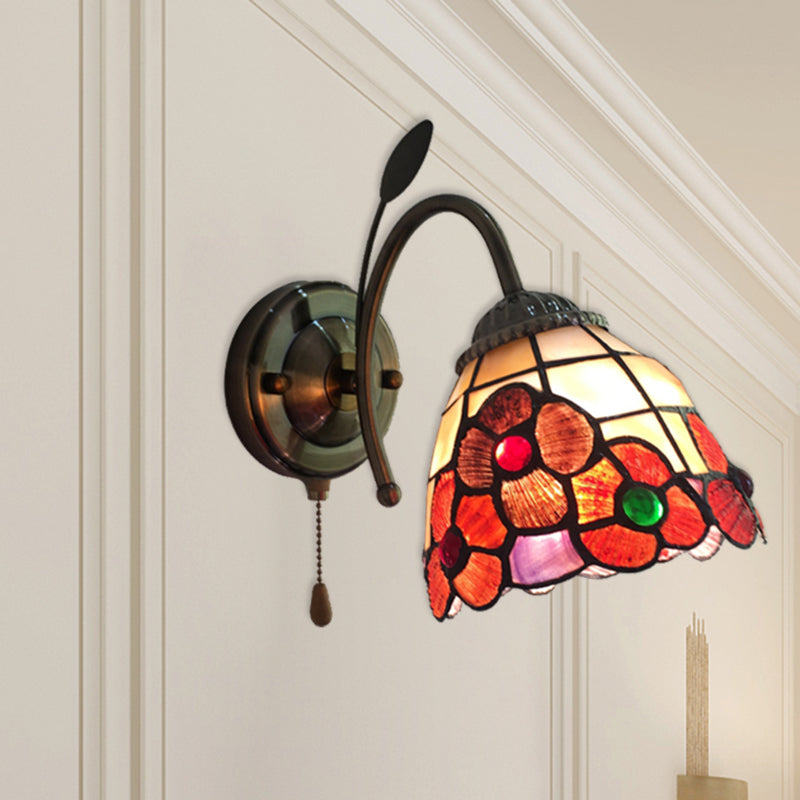 Orange Flower Wall Lighting Country Stained Glass 1 Head Wall Fixture Light with Pull Chain for Hallway Orange Clearhalo 'Industrial' 'Middle century wall lights' 'Tiffany wall lights' 'Tiffany' 'Wall Lamps & Sconces' 'Wall Lights' Lighting' 180426
