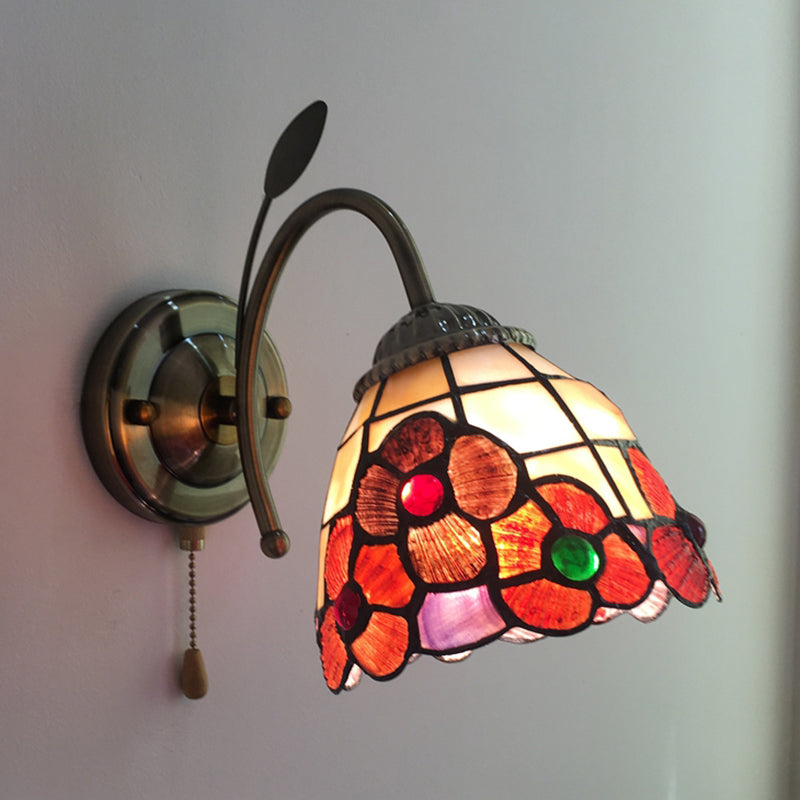 Orange Flower Wall Lighting Country Stained Glass 1 Head Wall Fixture Light with Pull Chain for Hallway Clearhalo 'Industrial' 'Middle century wall lights' 'Tiffany wall lights' 'Tiffany' 'Wall Lamps & Sconces' 'Wall Lights' Lighting' 180427