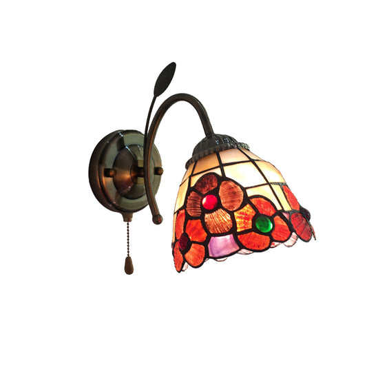 Orange Flower Wall Lighting Country Stained Glass 1 Head Wall Fixture Light with Pull Chain for Hallway Clearhalo 'Industrial' 'Middle century wall lights' 'Tiffany wall lights' 'Tiffany' 'Wall Lamps & Sconces' 'Wall Lights' Lighting' 180428