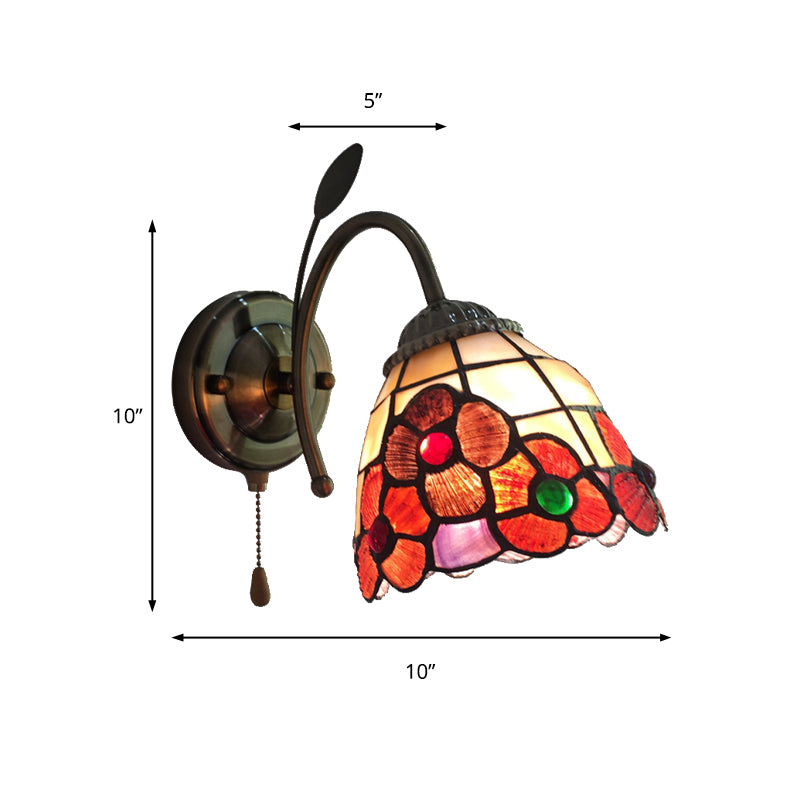 Orange Flower Wall Lighting Country Stained Glass 1 Head Wall Fixture Light with Pull Chain for Hallway Clearhalo 'Industrial' 'Middle century wall lights' 'Tiffany wall lights' 'Tiffany' 'Wall Lamps & Sconces' 'Wall Lights' Lighting' 180429