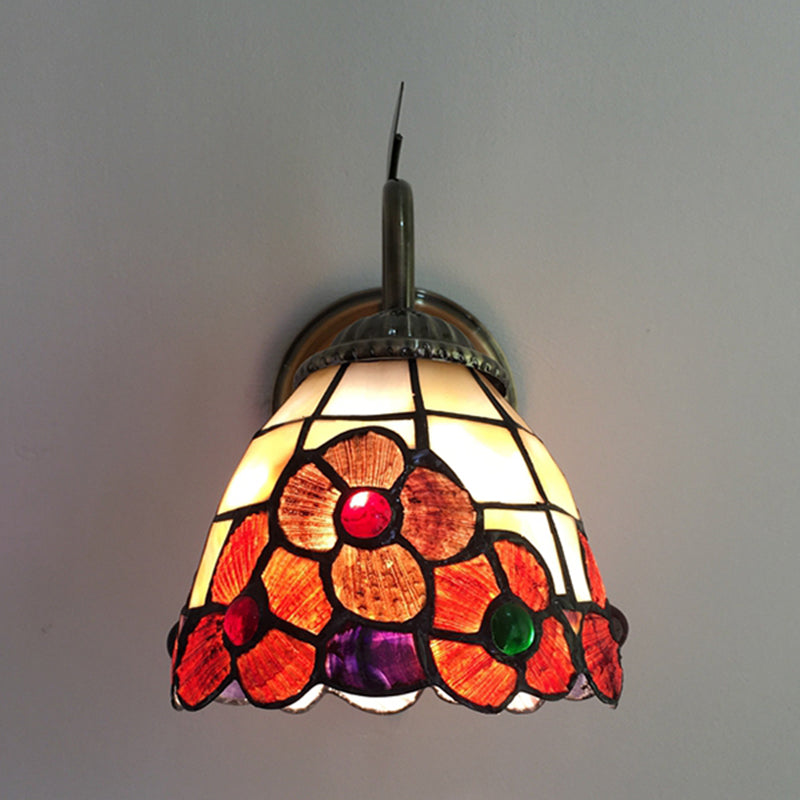 Orange Flower Wall Lighting Country Stained Glass 1 Head Wall Fixture Light with Pull Chain for Hallway Clearhalo 'Industrial' 'Middle century wall lights' 'Tiffany wall lights' 'Tiffany' 'Wall Lamps & Sconces' 'Wall Lights' Lighting' 180431