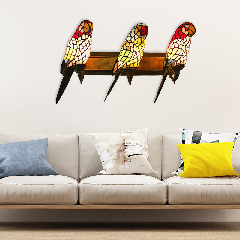 3 Lights Parrot Shaped Wall Lighting Rustic Lodge Stained Glass Sconce Light for Living Room Pink-Blue-Yellow-Red-Green Clearhalo 'Industrial' 'Middle century wall lights' 'Tiffany wall lights' 'Tiffany' 'Wall Lamps & Sconces' 'Wall Lights' Lighting' 180432