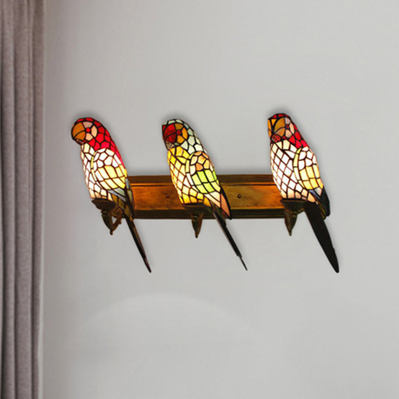 3 Lights Parrot Shaped Wall Lighting Rustic Lodge Stained Glass Sconce Light for Living Room Clearhalo 'Industrial' 'Middle century wall lights' 'Tiffany wall lights' 'Tiffany' 'Wall Lamps & Sconces' 'Wall Lights' Lighting' 180433