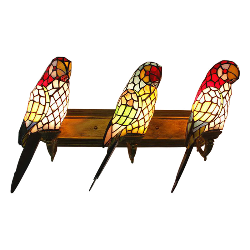 3 Lights Parrot Shaped Wall Lighting Rustic Lodge Stained Glass Sconce Light for Living Room Clearhalo 'Industrial' 'Middle century wall lights' 'Tiffany wall lights' 'Tiffany' 'Wall Lamps & Sconces' 'Wall Lights' Lighting' 180434