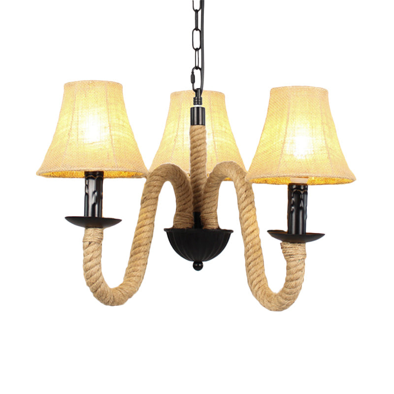 3 Lights Bell/Cone Hanging Lamp Vintage Style Beige Fabric Shade Chandelier Light Fixture with Rope Detail Clearhalo 'Ceiling Lights' 'Chandeliers' 'Industrial Chandeliers' 'Industrial' 'Middle Century Chandeliers' 'Tiffany' Lighting' 180439