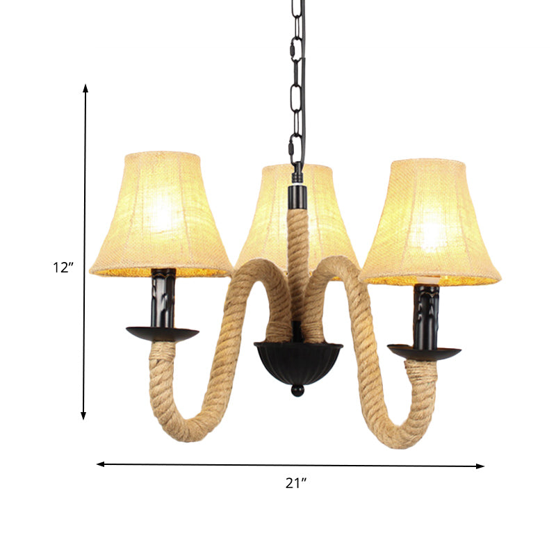 3 Lights Bell/Cone Hanging Lamp Vintage Style Beige Fabric Shade Chandelier Light Fixture with Rope Detail Clearhalo 'Ceiling Lights' 'Chandeliers' 'Industrial Chandeliers' 'Industrial' 'Middle Century Chandeliers' 'Tiffany' Lighting' 180440