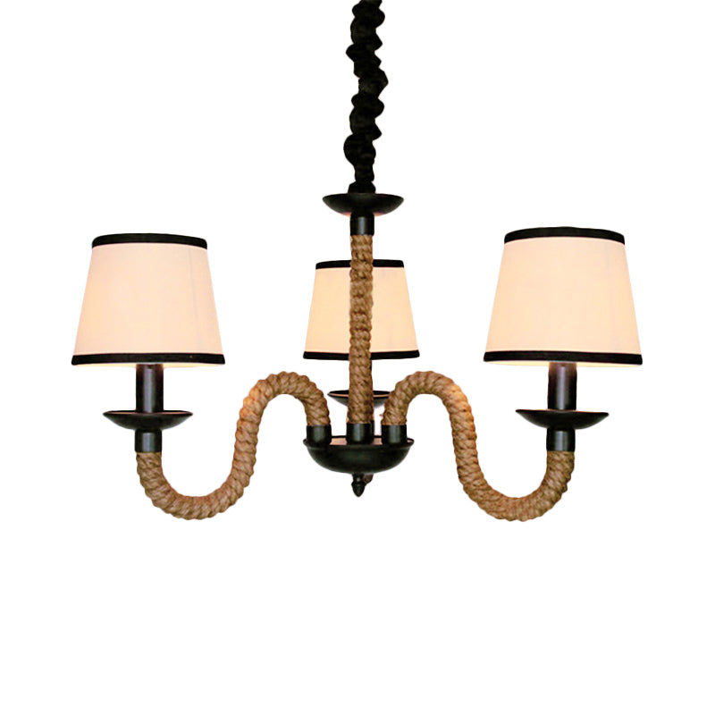 3 Lights Bell/Cone Hanging Lamp Vintage Style Beige Fabric Shade Chandelier Light Fixture with Rope Detail Clearhalo 'Ceiling Lights' 'Chandeliers' 'Industrial Chandeliers' 'Industrial' 'Middle Century Chandeliers' 'Tiffany' Lighting' 180443