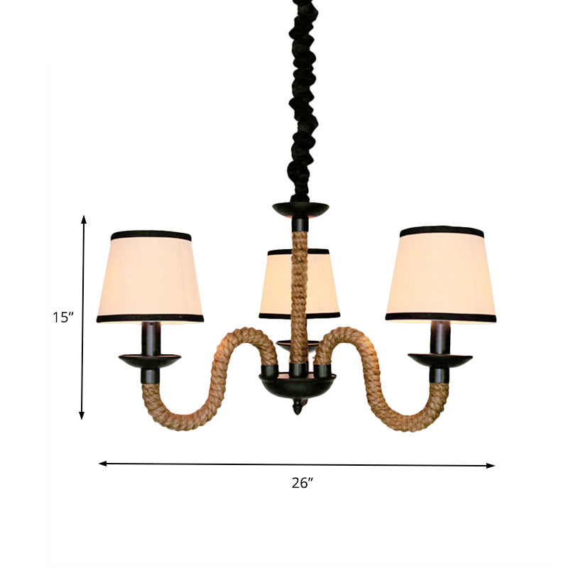3 Lights Bell/Cone Hanging Lamp Vintage Style Beige Fabric Shade Chandelier Light Fixture with Rope Detail Clearhalo 'Ceiling Lights' 'Chandeliers' 'Industrial Chandeliers' 'Industrial' 'Middle Century Chandeliers' 'Tiffany' Lighting' 180444