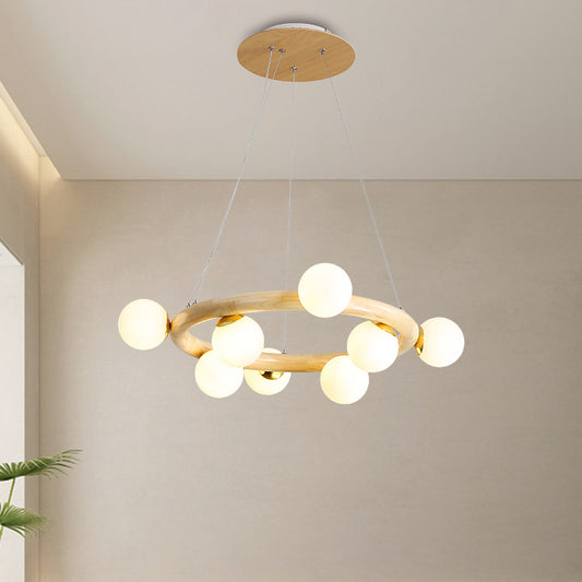 Beige Global Ceiling Lamp Modern 8/10 Bulbs Frosted Glass Pendant Chandelier with Wood Circular Design 8 Beige Clearhalo 'Carpenter Chandeliers' 'Ceiling Lights' 'Chandeliers' 'Industrial' 'Modern Chandeliers' 'Modern' Lighting' 1804449