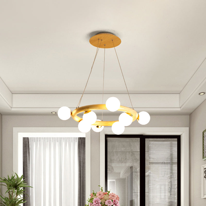 Beige Global Ceiling Lamp Modern 8/10 Bulbs Frosted Glass Pendant Chandelier with Wood Circular Design Clearhalo 'Carpenter Chandeliers' 'Ceiling Lights' 'Chandeliers' 'Industrial' 'Modern Chandeliers' 'Modern' Lighting' 1804450