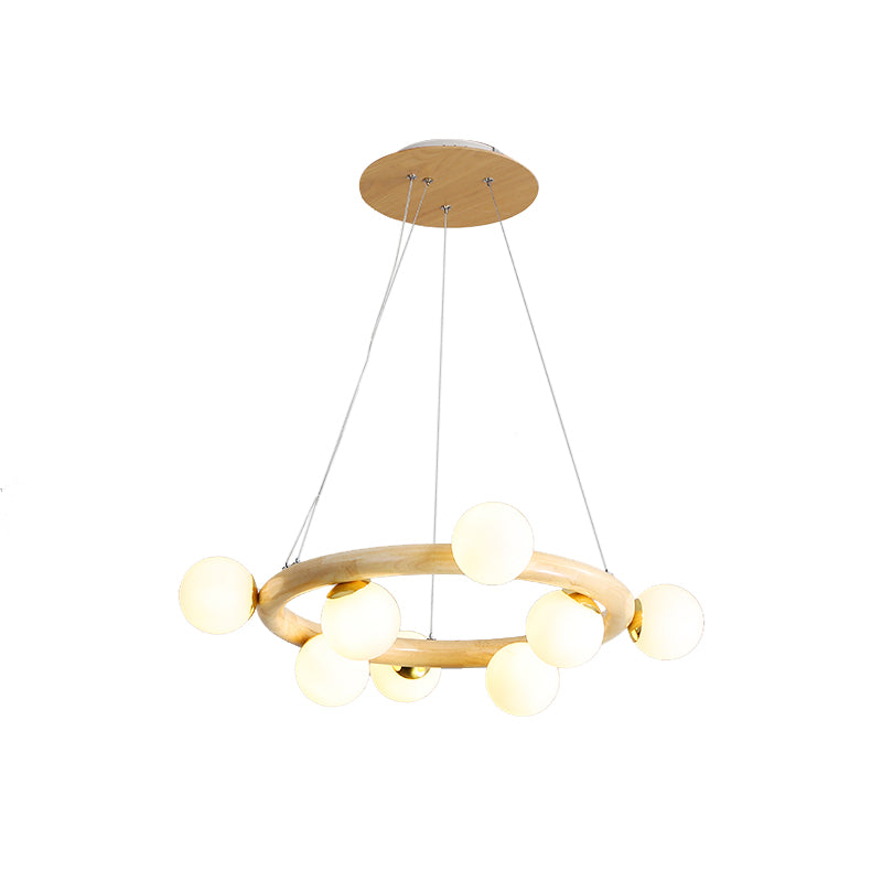 Beige Global Ceiling Lamp Modern 8/10 Bulbs Frosted Glass Pendant Chandelier with Wood Circular Design Clearhalo 'Carpenter Chandeliers' 'Ceiling Lights' 'Chandeliers' 'Industrial' 'Modern Chandeliers' 'Modern' Lighting' 1804451