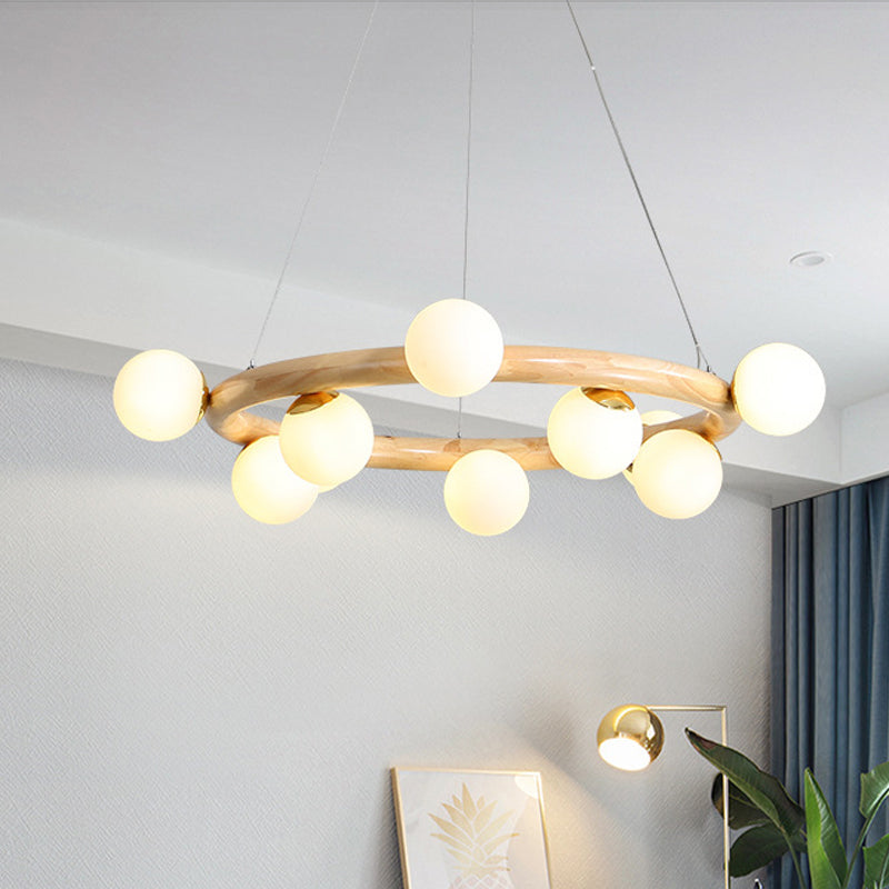 Beige Global Ceiling Lamp Modern 8/10 Bulbs Frosted Glass Pendant Chandelier with Wood Circular Design 10 Beige Clearhalo 'Carpenter Chandeliers' 'Ceiling Lights' 'Chandeliers' 'Industrial' 'Modern Chandeliers' 'Modern' Lighting' 1804453