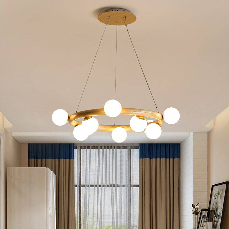 Beige Global Ceiling Lamp Modern 8/10 Bulbs Frosted Glass Pendant Chandelier with Wood Circular Design Clearhalo 'Carpenter Chandeliers' 'Ceiling Lights' 'Chandeliers' 'Industrial' 'Modern Chandeliers' 'Modern' Lighting' 1804454