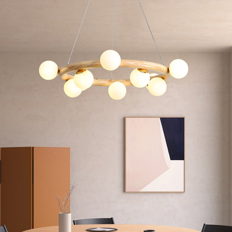 Beige Global Ceiling Lamp Modern 8/10 Bulbs Frosted Glass Pendant Chandelier with Wood Circular Design Clearhalo 'Carpenter Chandeliers' 'Ceiling Lights' 'Chandeliers' 'Industrial' 'Modern Chandeliers' 'Modern' Lighting' 1804455
