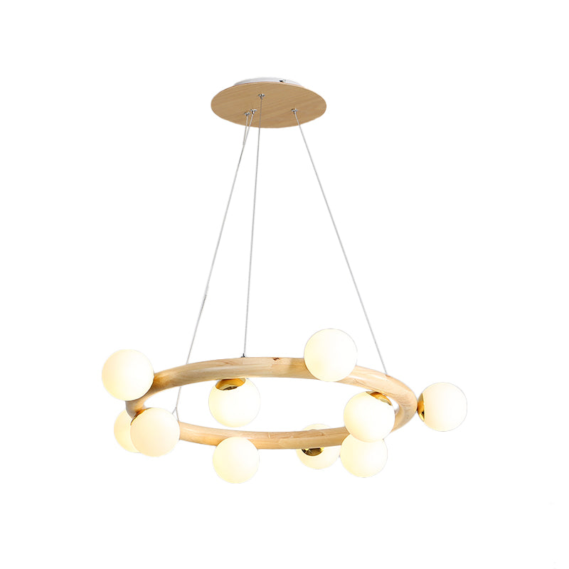 Beige Global Ceiling Lamp Modern 8/10 Bulbs Frosted Glass Pendant Chandelier with Wood Circular Design Clearhalo 'Carpenter Chandeliers' 'Ceiling Lights' 'Chandeliers' 'Industrial' 'Modern Chandeliers' 'Modern' Lighting' 1804456