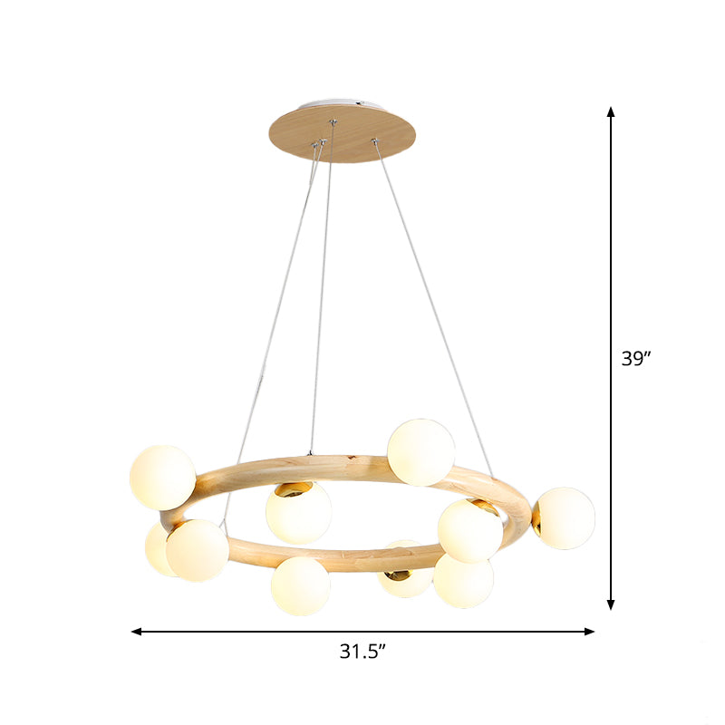 Beige Global Ceiling Lamp Modern 8/10 Bulbs Frosted Glass Pendant Chandelier with Wood Circular Design Clearhalo 'Carpenter Chandeliers' 'Ceiling Lights' 'Chandeliers' 'Industrial' 'Modern Chandeliers' 'Modern' Lighting' 1804457