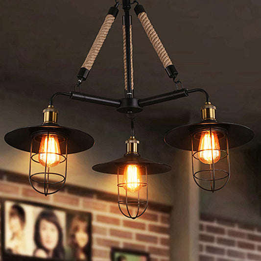 Flared Restaurant Chandelier Lamp Nautical Style Metal 3 Heads Black Ceiling Light Fixture with Rope Clearhalo 'Ceiling Lights' 'Chandeliers' 'Industrial Chandeliers' 'Industrial' 'Middle Century Chandeliers' 'Tiffany' Lighting' 180446