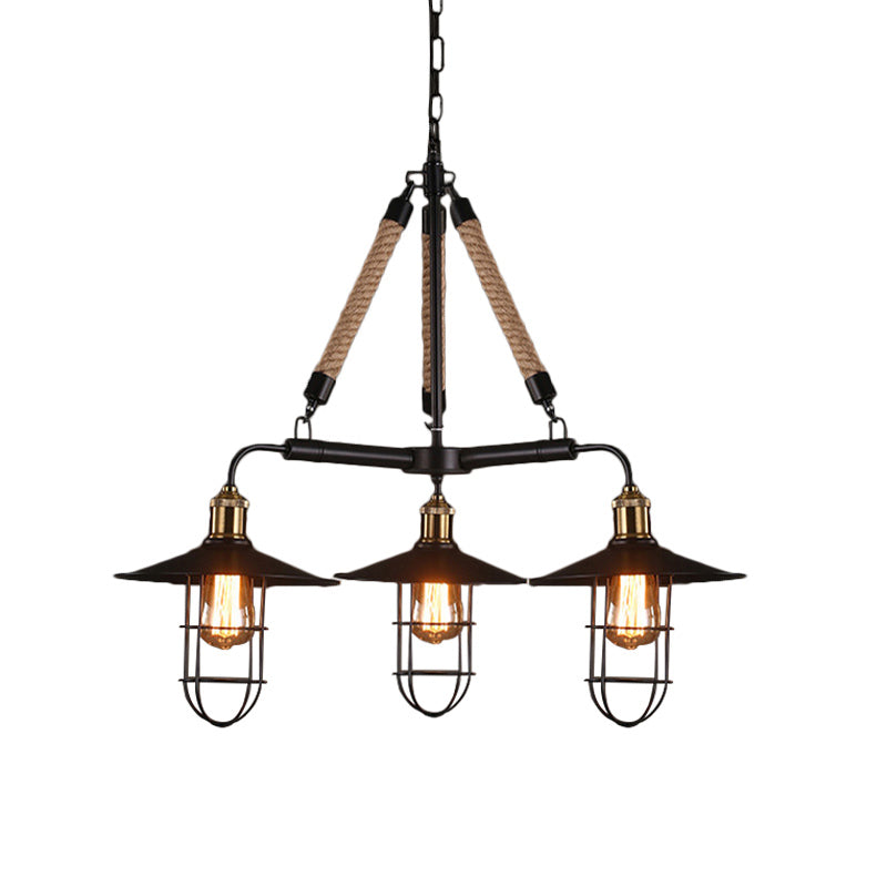 Flared Restaurant Chandelier Lamp Nautical Style Metal 3 Heads Black Ceiling Light Fixture with Rope Clearhalo 'Ceiling Lights' 'Chandeliers' 'Industrial Chandeliers' 'Industrial' 'Middle Century Chandeliers' 'Tiffany' Lighting' 180447
