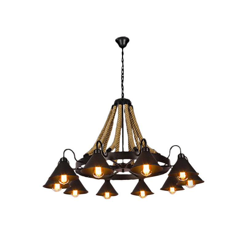 Metallic Cone Chandelier Lamp Farmhouse 6/8 Lights Restaurant Pendant Lighting with Rope Detail in Black Clearhalo 'Ceiling Lights' 'Chandeliers' 'Industrial Chandeliers' 'Industrial' 'Middle Century Chandeliers' 'Tiffany' Lighting' 180451