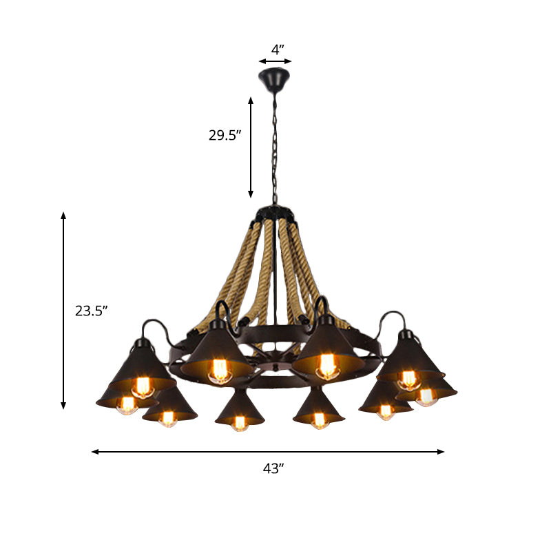 Metallic Cone Chandelier Lamp Farmhouse 6/8 Lights Restaurant Pendant Lighting with Rope Detail in Black Clearhalo 'Ceiling Lights' 'Chandeliers' 'Industrial Chandeliers' 'Industrial' 'Middle Century Chandeliers' 'Tiffany' Lighting' 180452