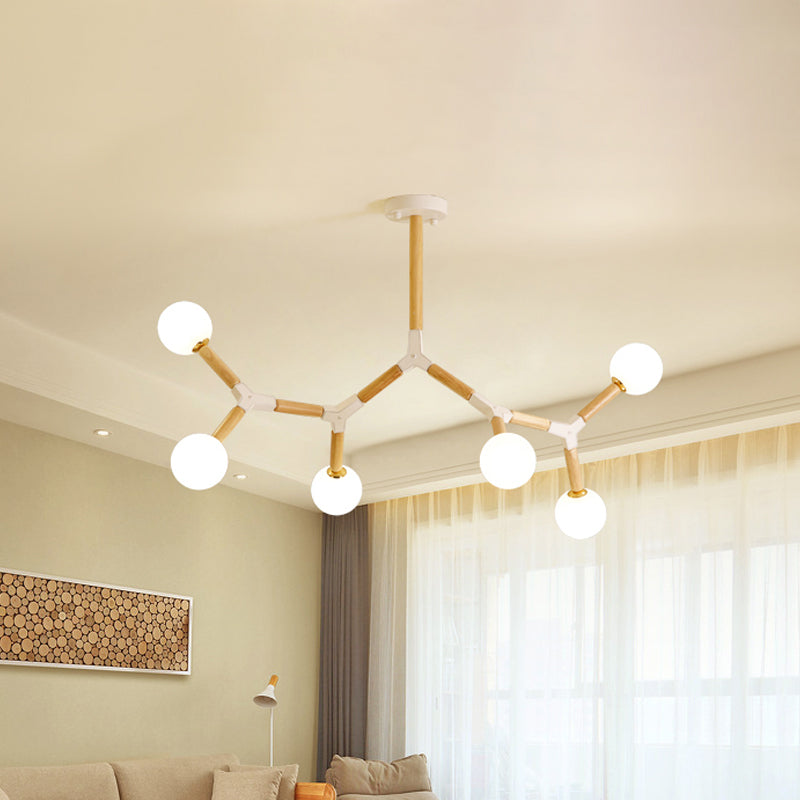 Branch Chandelier Lighting Simple Wood 6 Lights Beige Hanging Lamp Kit with Ball Frosted Glass Shade Beige Clearhalo 'Carpenter Chandeliers' 'Ceiling Lights' 'Chandeliers' 'Industrial' 'Modern Chandeliers' 'Modern' Lighting' 1804525