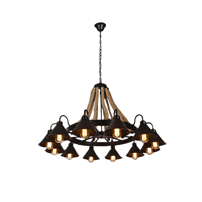 Metallic Cone Chandelier Lamp Farmhouse 6/8 Lights Restaurant Pendant Lighting with Rope Detail in Black Clearhalo 'Ceiling Lights' 'Chandeliers' 'Industrial Chandeliers' 'Industrial' 'Middle Century Chandeliers' 'Tiffany' Lighting' 180455